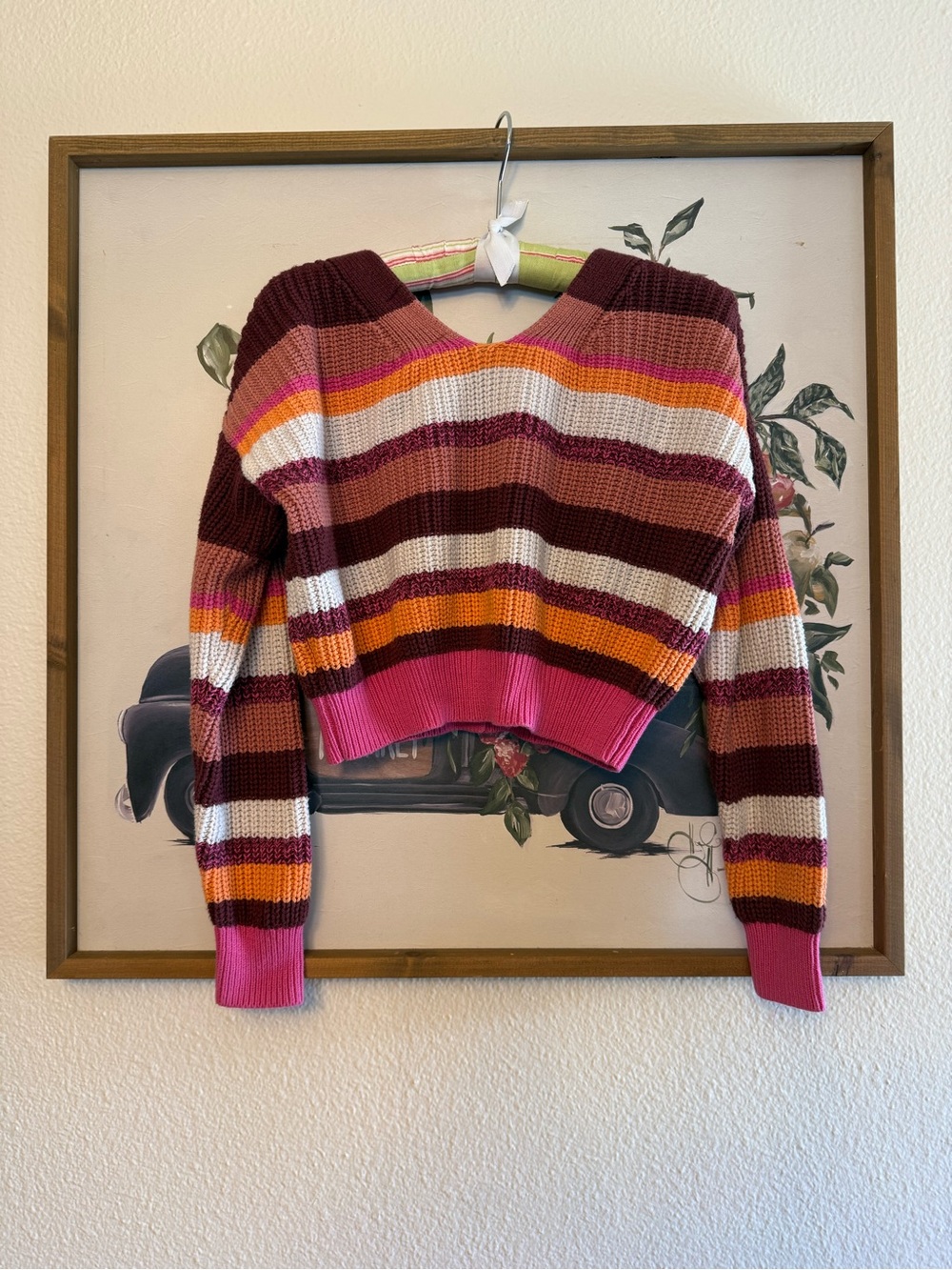 Y2K Jessica Simpson Multi-Stripe Cropped V-Neck Cardigan - Pink & Burgundy - Picture 3 of 7
